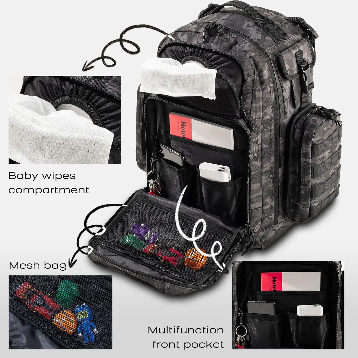 Dad Diaper Bag, Mens Diaper Bag Backpack with Diaper Changing Mat, Military Diaper Backpack with Molle Webbing, Waterproof Pouch, Baby Wipes pocket, Insulated Bottle Pockets- Black Camo