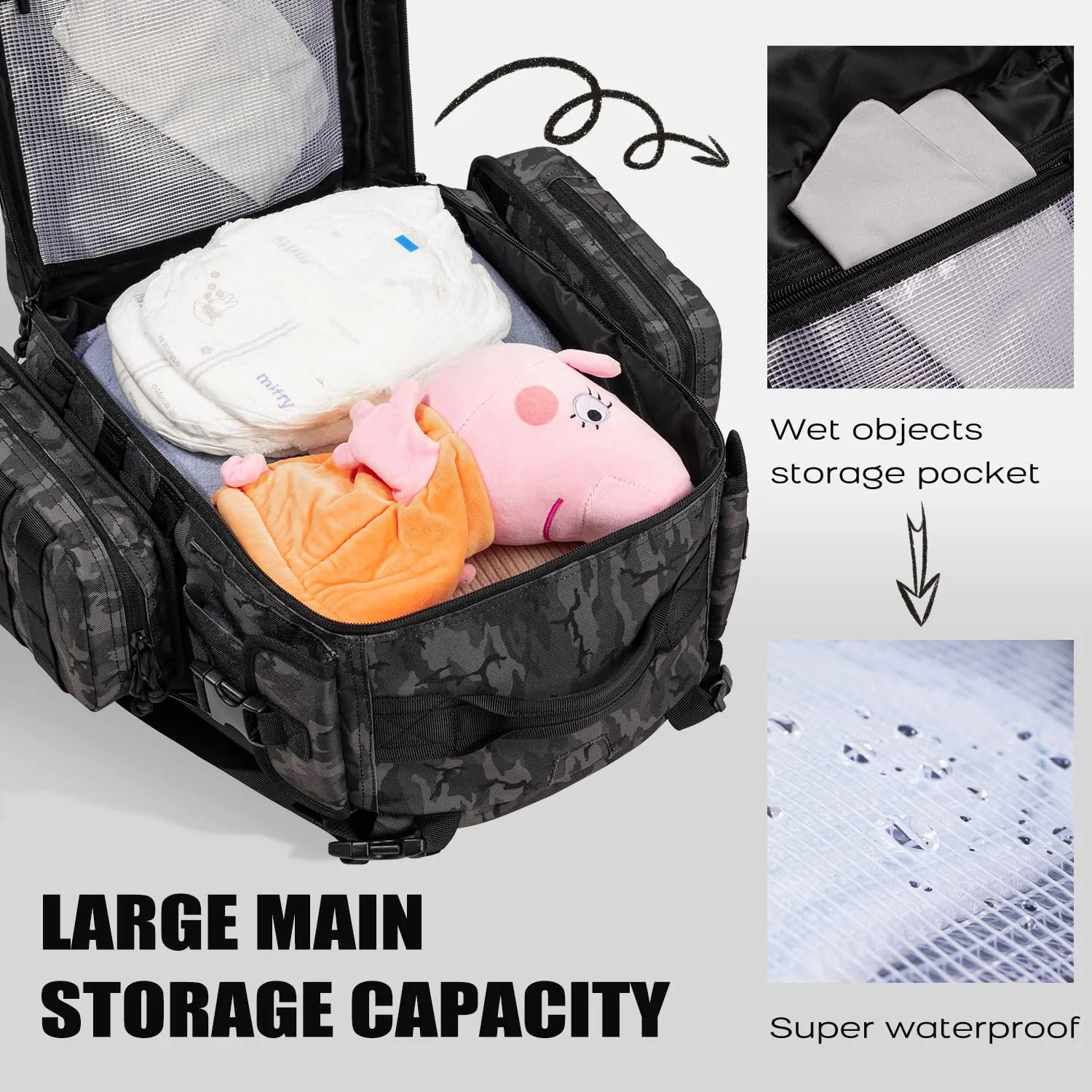 Dad Diaper Bag, Mens Diaper Bag Backpack with Diaper Changing Mat, Military Diaper Backpack with Molle Webbing, Waterproof Pouch, Baby Wipes pocket, Insulated Bottle Pockets- Black Camo