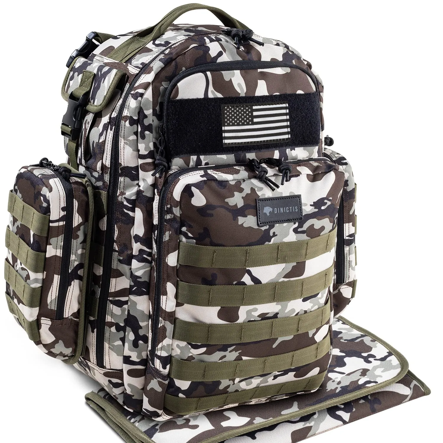Dad Diaper Bag, Mens Diaper Bag Backpack with Diaper Changing Mat, Military Diaper Backpack with Molle Webbing, Waterproof Pouch, Baby Wipes pocket, Insulated Bottle Pockets- Camo