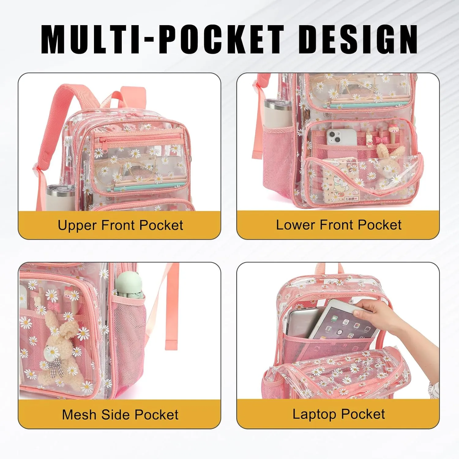 Daisy Clear Backpack for Girls Women, Heavy Duty Transparent School Backpack See Through Bookbag (Pink)