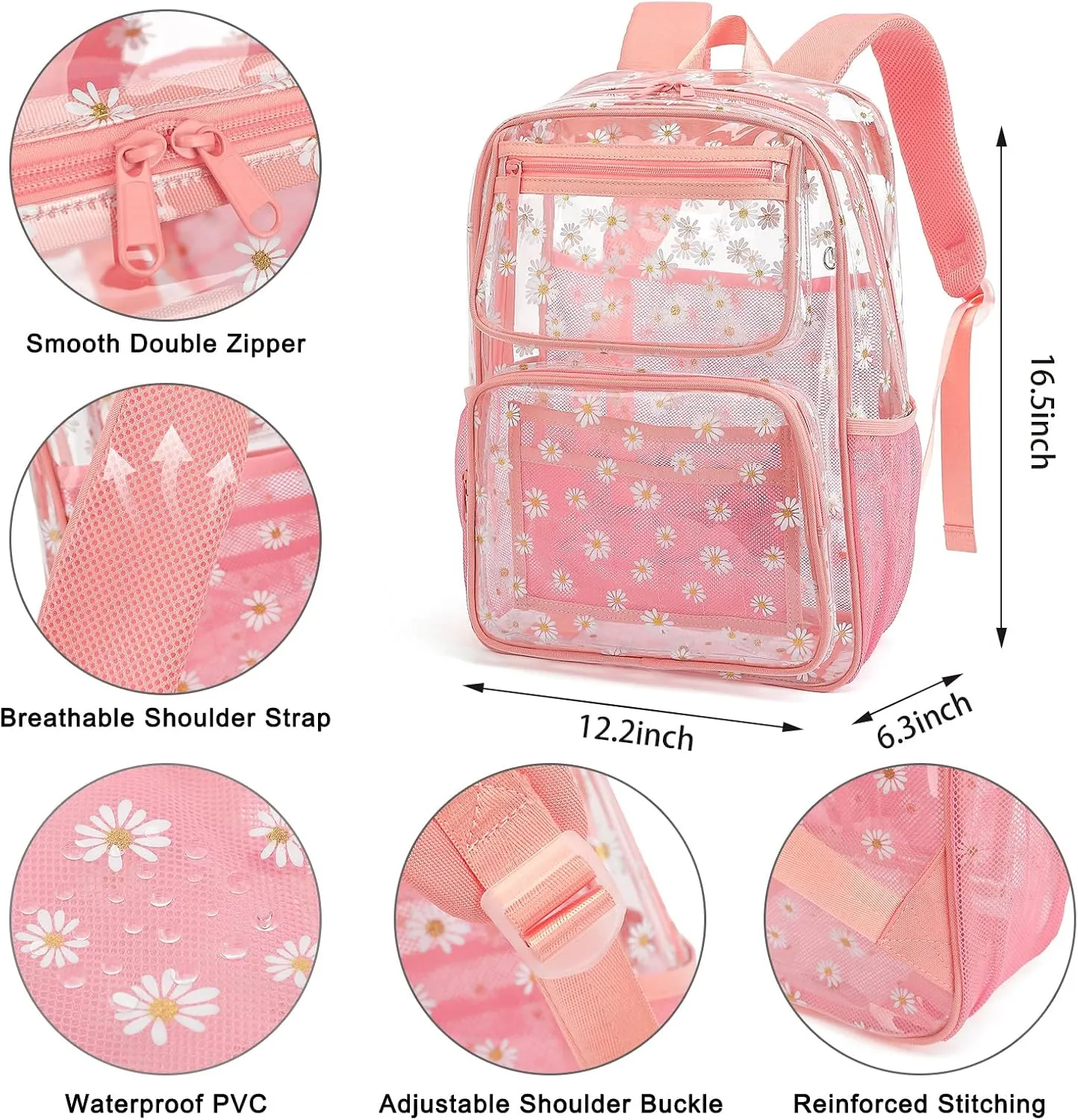 Daisy Clear Backpack for Girls Women, Heavy Duty Transparent School Backpack See Through Bookbag (Pink)