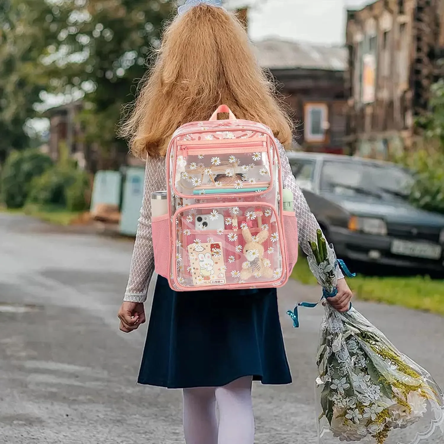 Daisy Clear Backpack for Girls Women, Heavy Duty Transparent School Backpack See Through Bookbag (Pink)