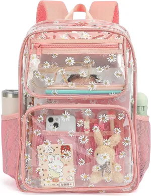 Daisy Clear Backpack for Girls Women, Heavy Duty Transparent School Backpack See Through Bookbag (Pink)