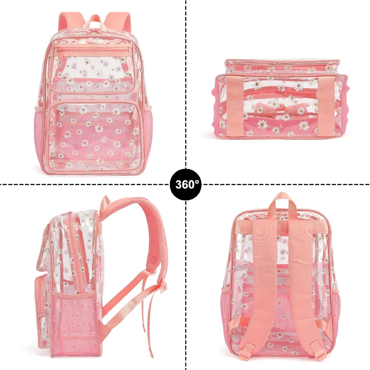Daisy Clear Backpack for Girls Women, Heavy Duty Transparent School Backpack See Through Bookbag (Pink)