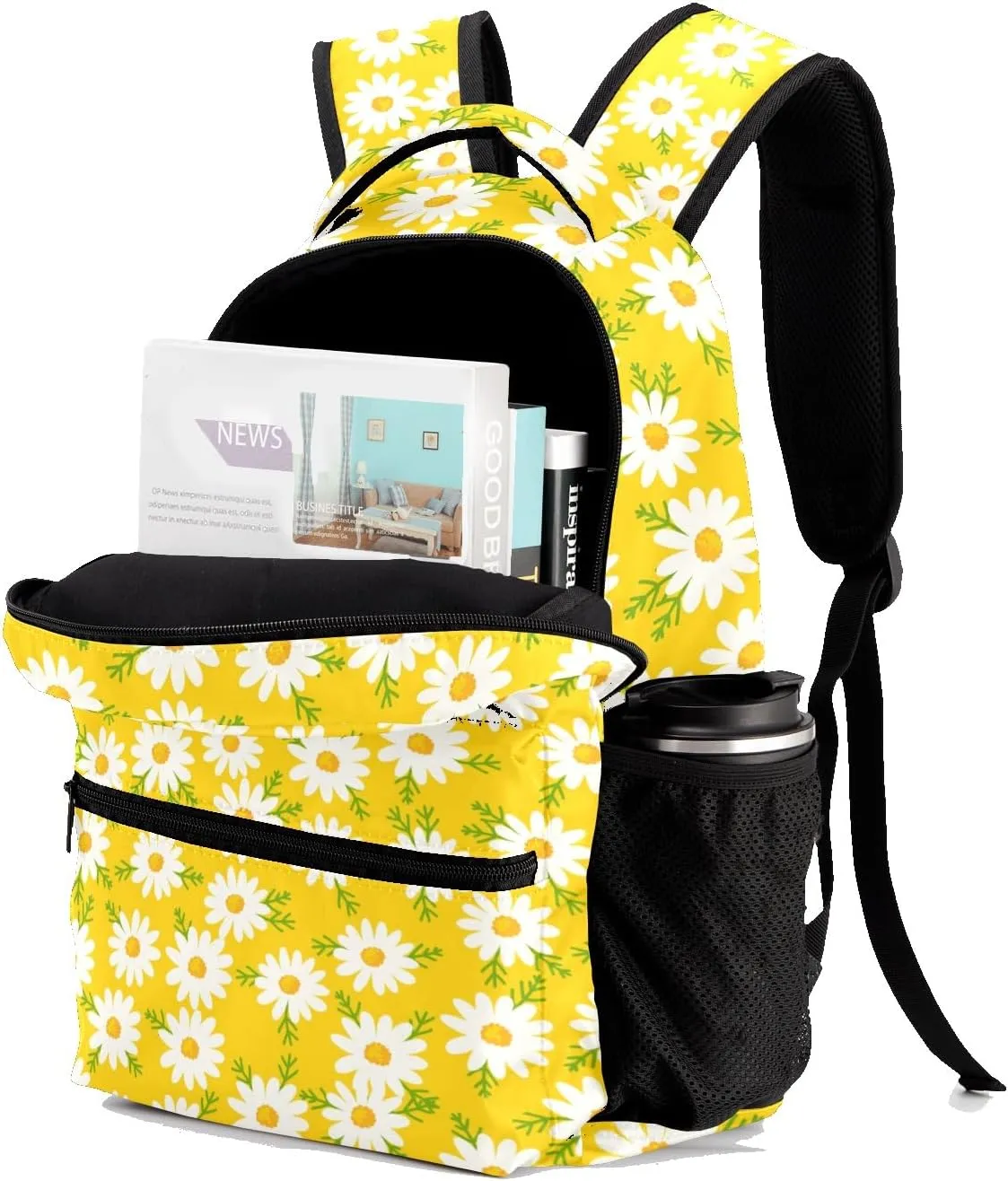 Daisy Flowers Yellow Personalized School Backpack Kids Bookbag Daypack for Teen Boys Girls Travel Backpack Bag 12.2''(L) x 5.9''(W) x 16.5''(H), Design 2, CBR1070