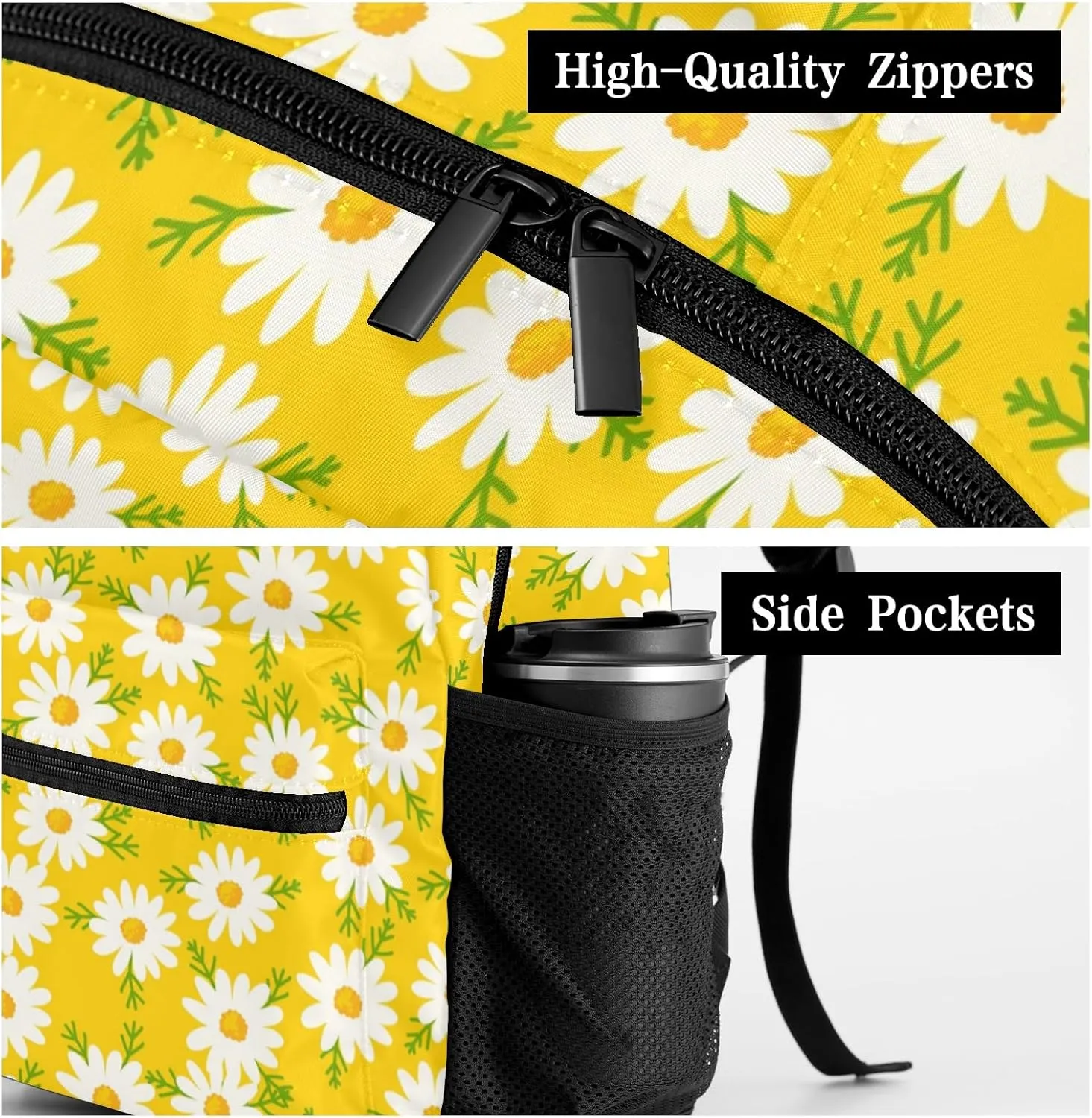 Daisy Flowers Yellow Personalized School Backpack Kids Bookbag Daypack for Teen Boys Girls Travel Backpack Bag 12.2''(L) x 5.9''(W) x 16.5''(H), Design 2, CBR1070