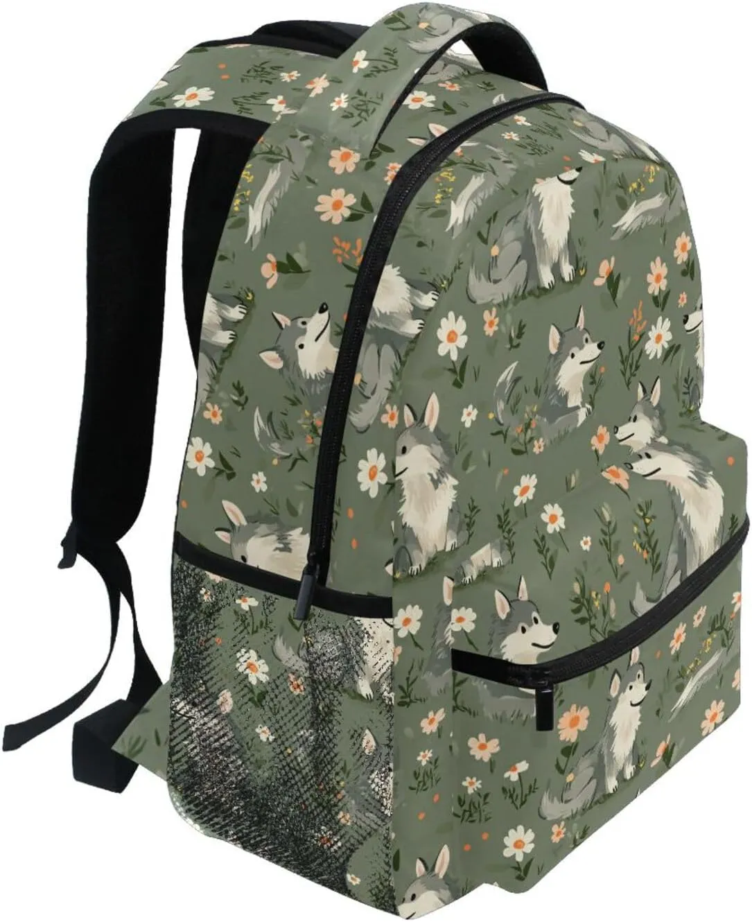 Day Backpack for Unisex Adult Waterproof Personal Backpack with Chest Strap for College Work Cartoon Cute Wolf Sage Green