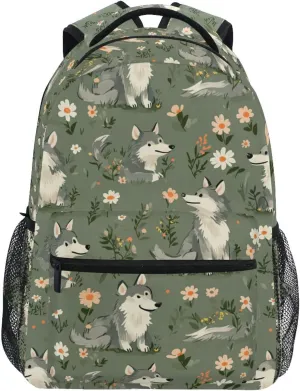 Day Backpack for Unisex Adult Waterproof Personal Backpack with Chest Strap for College Work Cartoon Cute Wolf Sage Green
