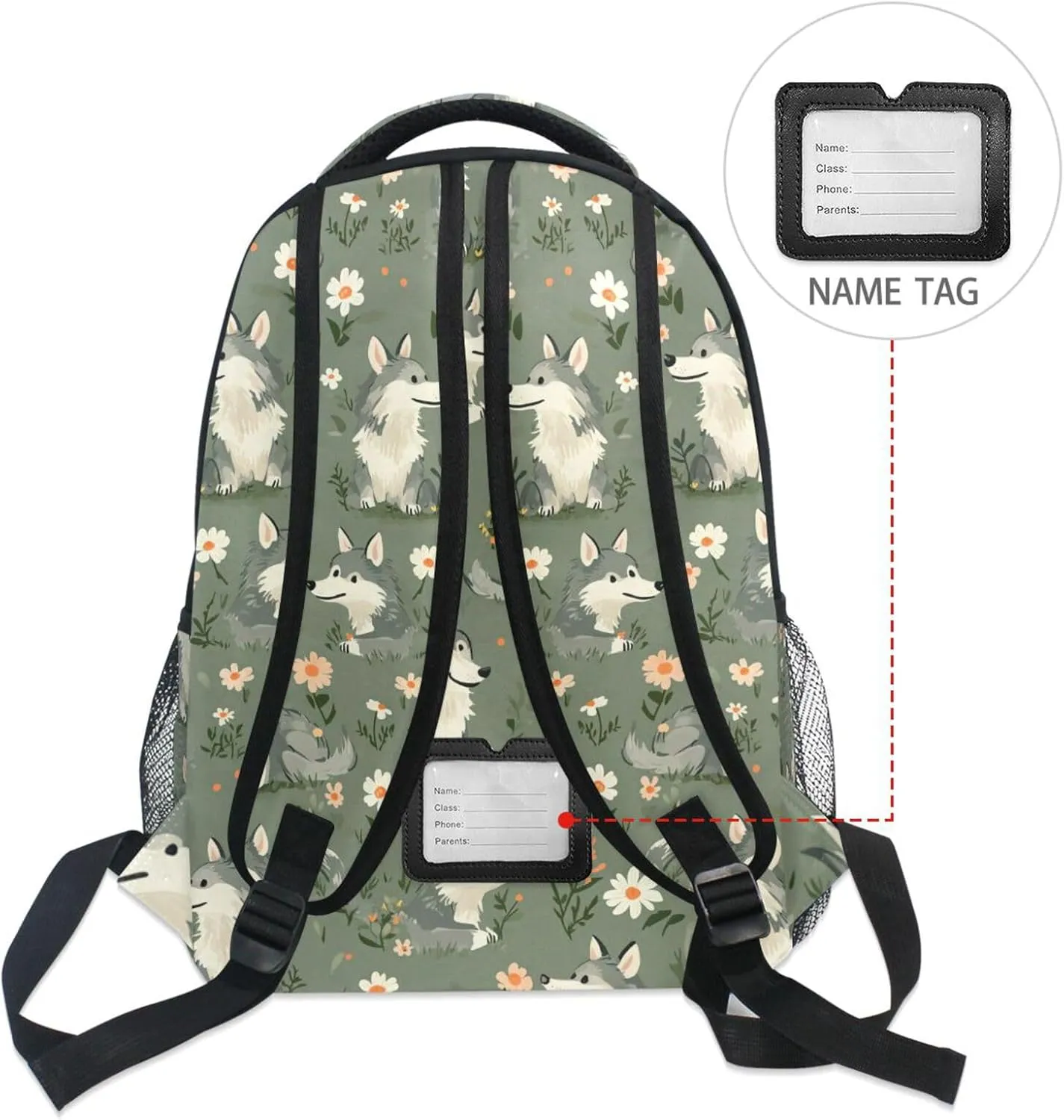 Day Backpack for Unisex Adult Waterproof Personal Backpack with Chest Strap for College Work Cartoon Cute Wolf Sage Green