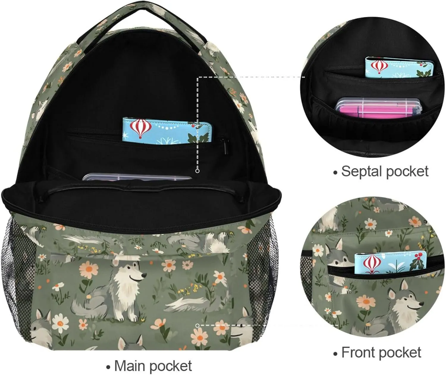 Day Backpack for Unisex Adult Waterproof Personal Backpack with Chest Strap for College Work Cartoon Cute Wolf Sage Green