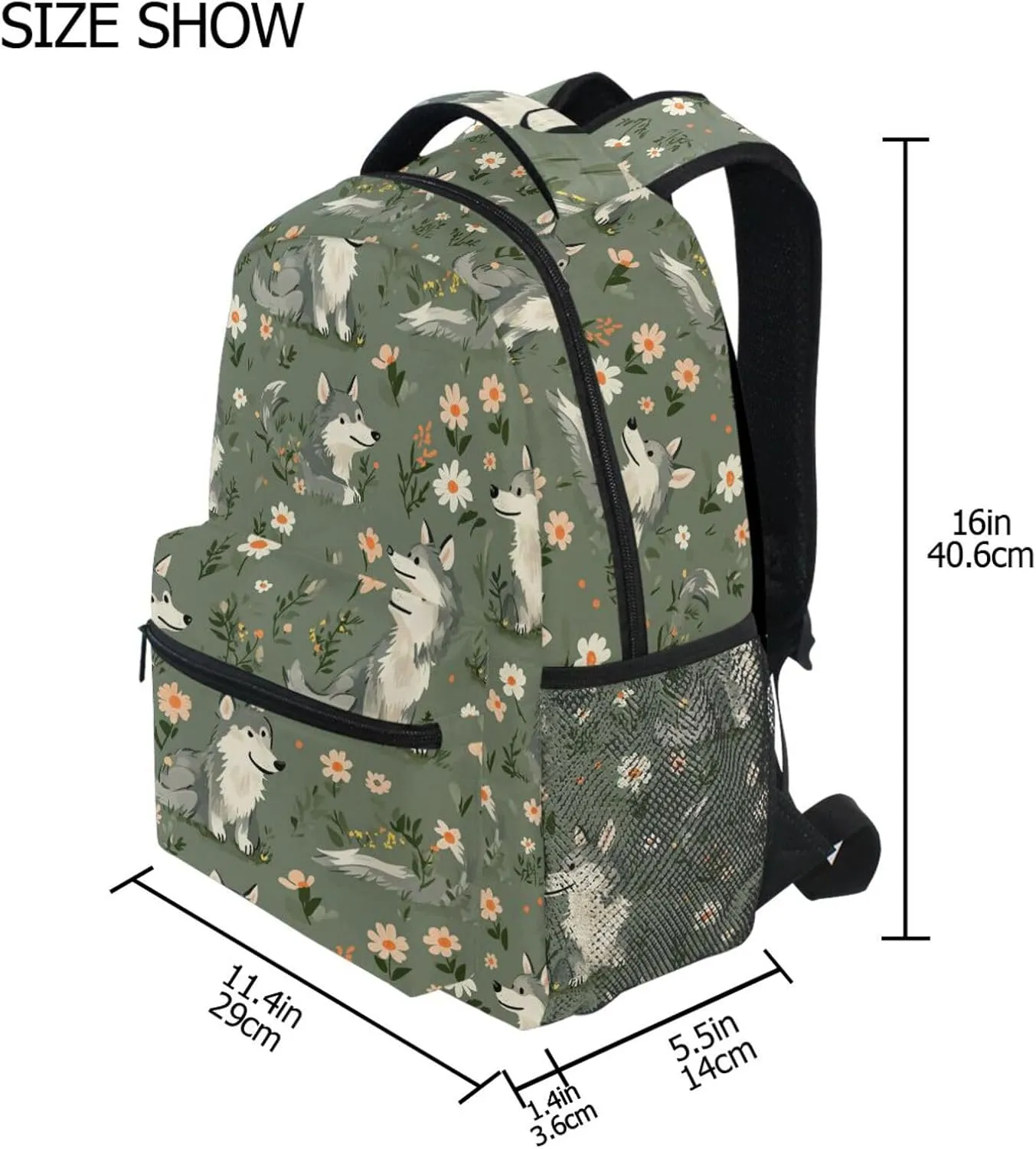 Day Backpack for Unisex Adult Waterproof Personal Backpack with Chest Strap for College Work Cartoon Cute Wolf Sage Green