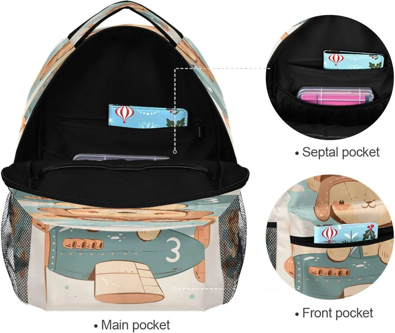 Day Backpack for Women Men Waterproof Laptop Bag with Chest Strap for Business Work College Travel Trip A Cute Teddy Bear Sitting in Window Of An Airplane