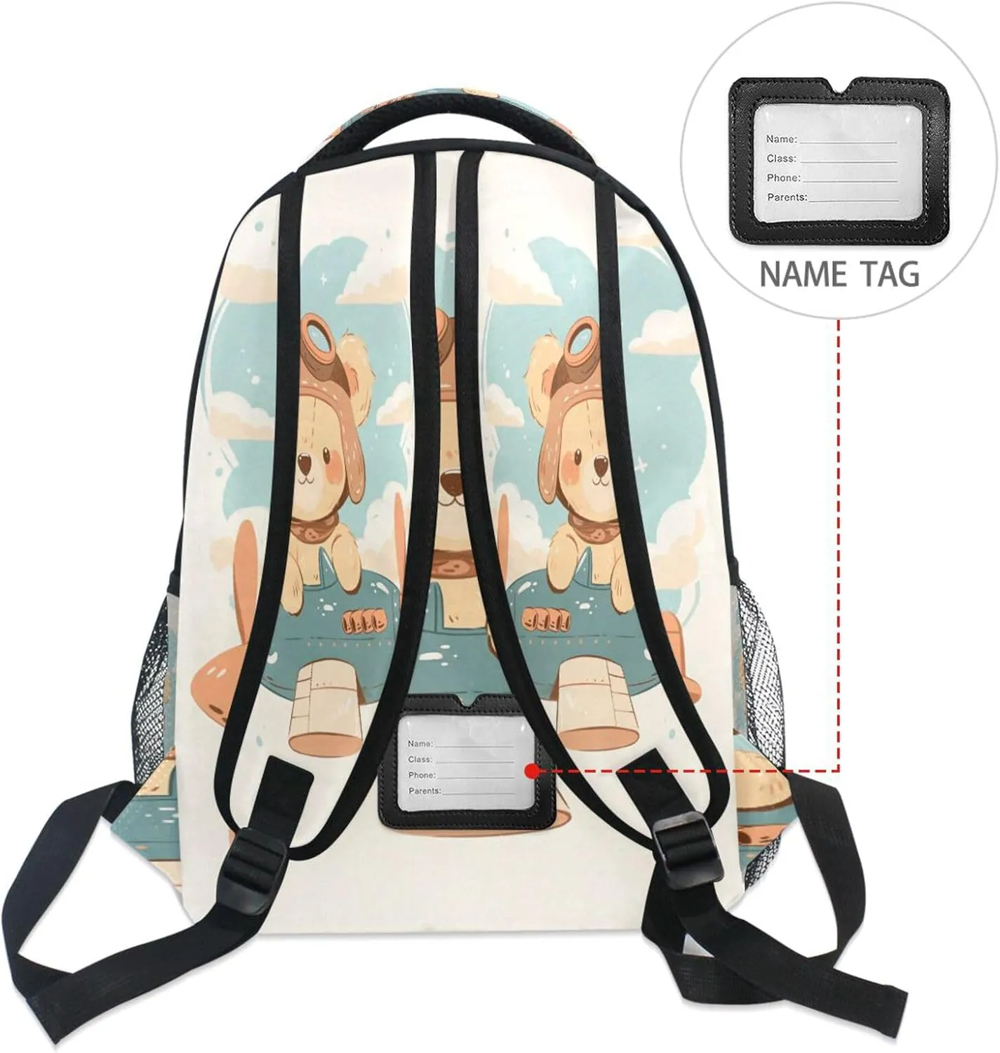Day Backpack for Women Men Waterproof Laptop Bag with Chest Strap for Business Work College Travel Trip A Cute Teddy Bear Sitting in Window Of An Airplane