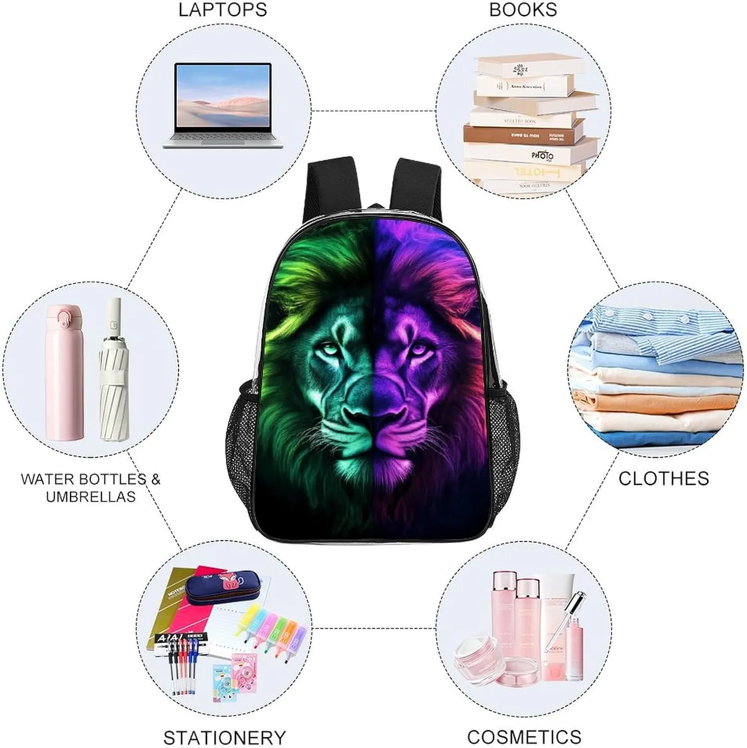 Daypack Anti-Theft Multipurpose Large Capacity Shoulder Bag - Cool Lion Green And Purple Fire Art Travel Hiking & Camping Rucksack Transparent Bag