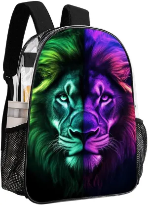 Daypack Anti-Theft Multipurpose Large Capacity Shoulder Bag - Cool Lion Green And Purple Fire Art Travel Hiking & Camping Rucksack Transparent Bag