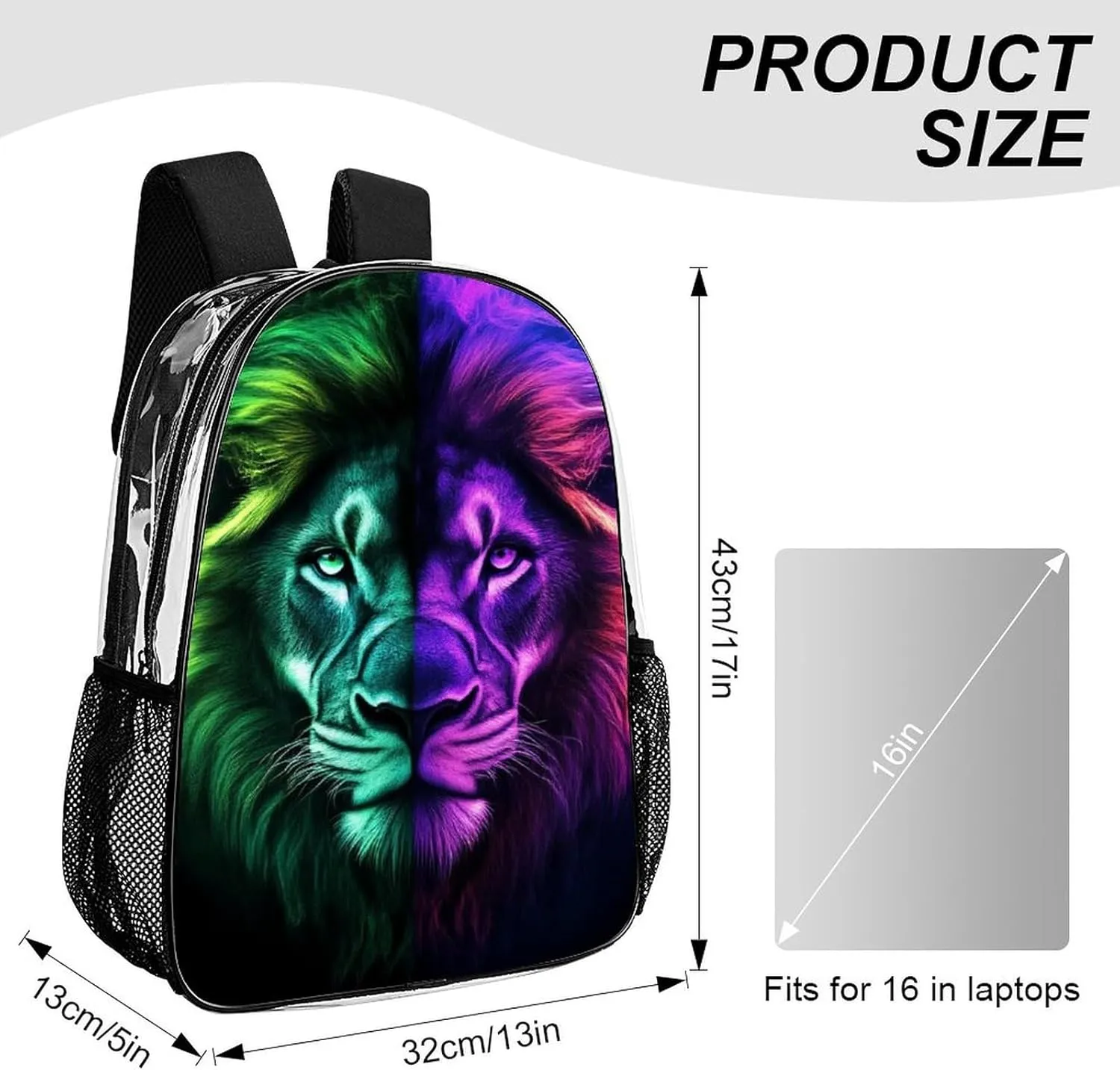 Daypack Anti-Theft Multipurpose Large Capacity Shoulder Bag - Cool Lion Green And Purple Fire Art Travel Hiking & Camping Rucksack Transparent Bag