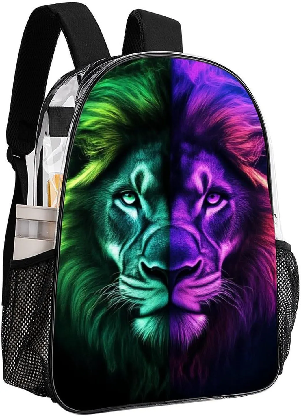 Daypack Anti-Theft Multipurpose Large Capacity Shoulder Bag - Cool Lion Green And Purple Fire Art Travel Hiking & Camping Rucksack Transparent Bag