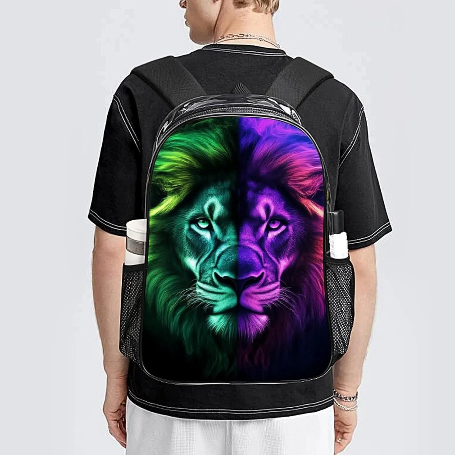 Daypack Anti-Theft Multipurpose Large Capacity Shoulder Bag - Cool Lion Green And Purple Fire Art Travel Hiking & Camping Rucksack Transparent Bag