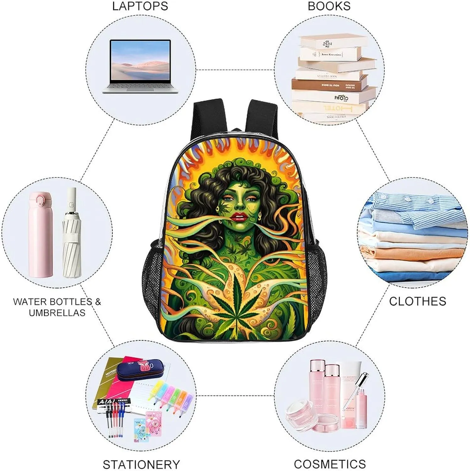 Daypack Backpack Anti-Theft Multipurpose Big Capacity Bookbag - African Woman Marijuanaweed Leaf Green Art Business Computer Bag Transparent Bag