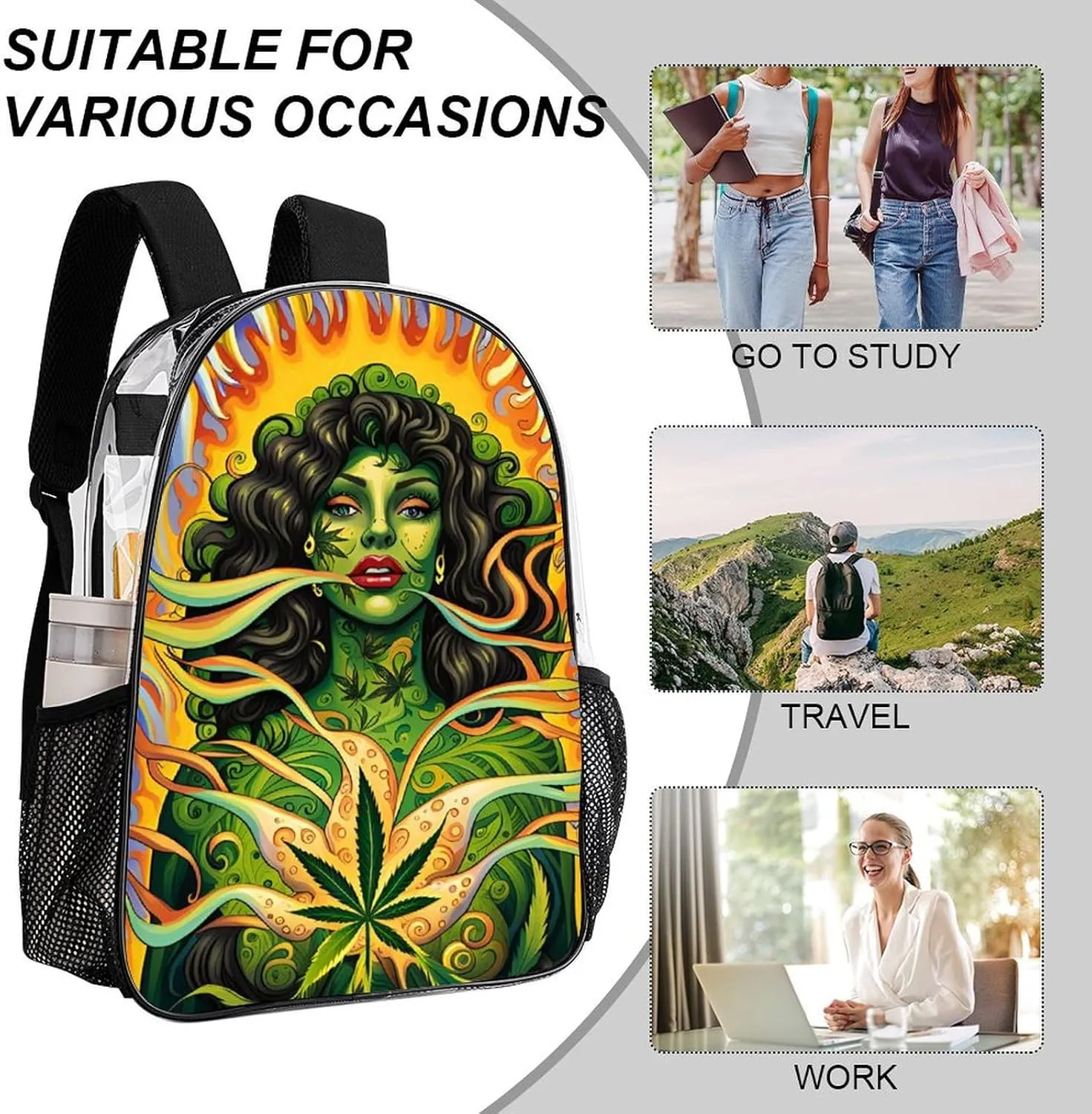 Daypack Backpack Anti-Theft Multipurpose Big Capacity Bookbag - African Woman Marijuanaweed Leaf Green Art Business Computer Bag Transparent Bag