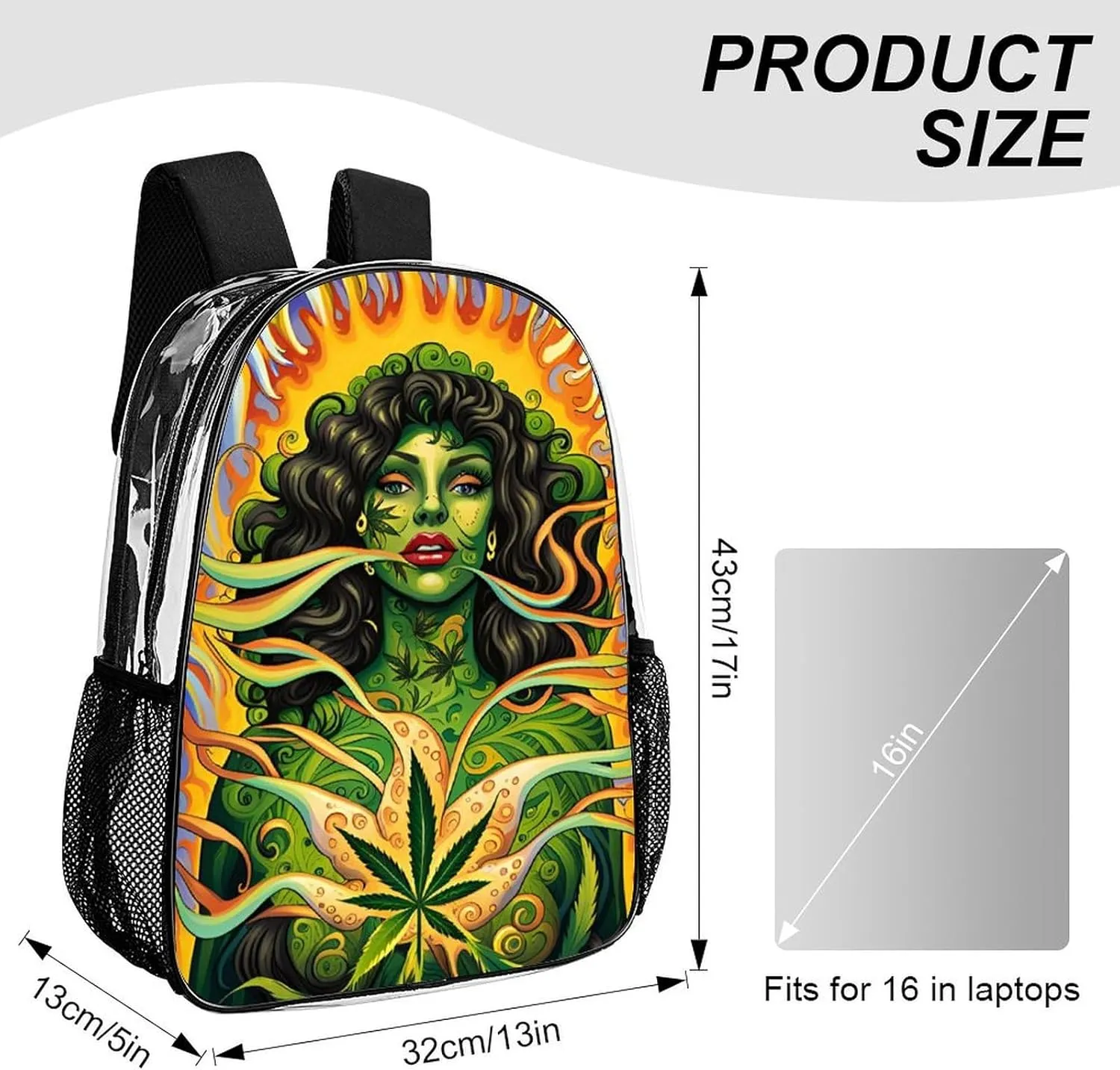 Daypack Backpack Anti-Theft Multipurpose Big Capacity Bookbag - African Woman Marijuanaweed Leaf Green Art Business Computer Bag Transparent Bag
