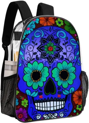 Daypack Bookbag Anti-Theft Multipurpose Large Capacity Bookbag - Grunge Mexican Sugar Skulls Day Of The Dead Flowers Art Travel Hiking & Camping Rucksack Transparent Bag