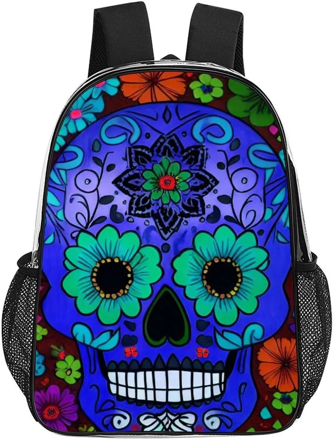 Daypack Bookbag Anti-Theft Multipurpose Large Capacity Bookbag - Grunge Mexican Sugar Skulls Day Of The Dead Flowers Art Travel Hiking & Camping Rucksack Transparent Bag