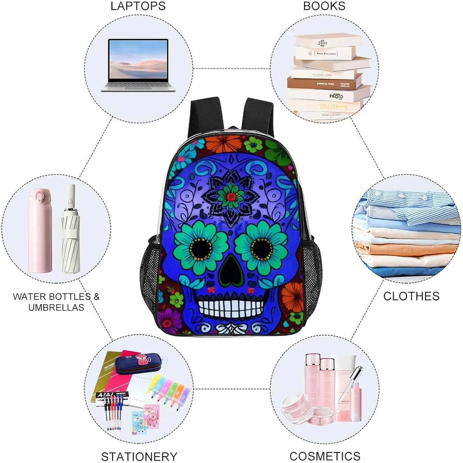 Daypack Bookbag Anti-Theft Multipurpose Large Capacity Bookbag - Grunge Mexican Sugar Skulls Day Of The Dead Flowers Art Travel Hiking & Camping Rucksack Transparent Bag