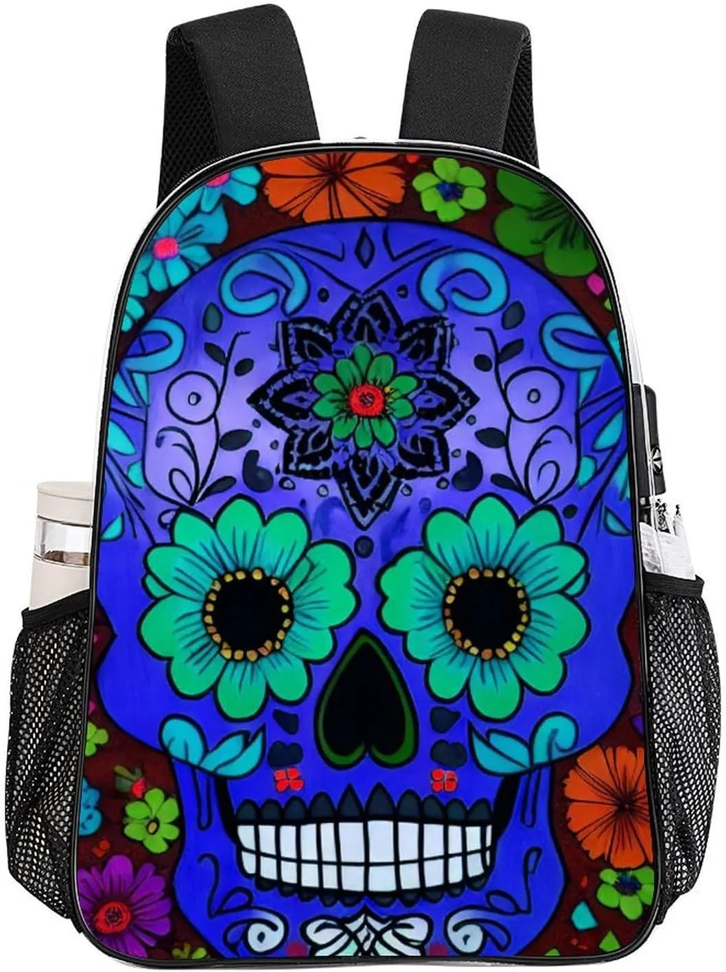 Daypack Bookbag Anti-Theft Multipurpose Large Capacity Bookbag - Grunge Mexican Sugar Skulls Day Of The Dead Flowers Art Travel Hiking & Camping Rucksack Transparent Bag