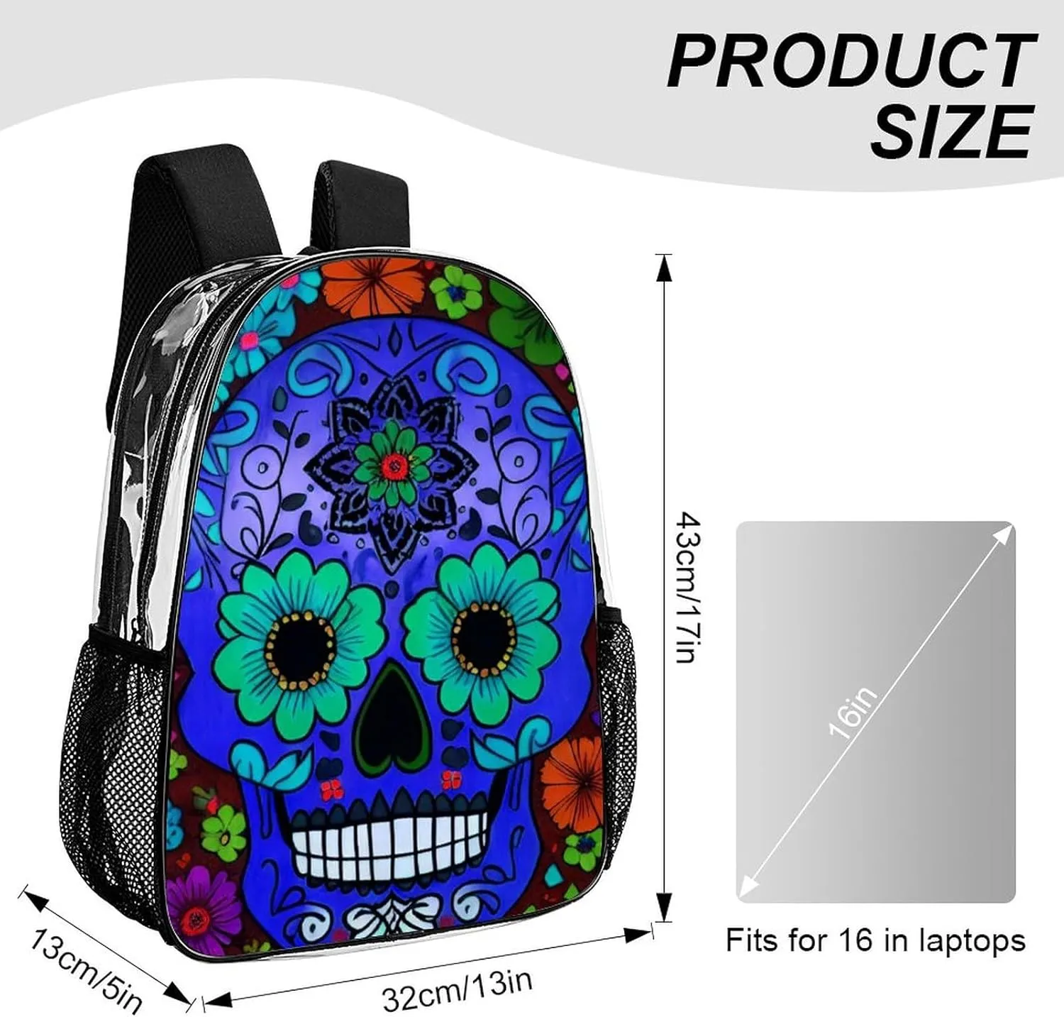 Daypack Bookbag Anti-Theft Multipurpose Large Capacity Bookbag - Grunge Mexican Sugar Skulls Day Of The Dead Flowers Art Travel Hiking & Camping Rucksack Transparent Bag