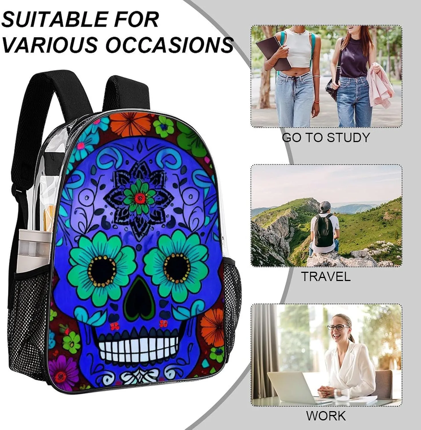 Daypack Bookbag Anti-Theft Multipurpose Large Capacity Bookbag - Grunge Mexican Sugar Skulls Day Of The Dead Flowers Art Travel Hiking & Camping Rucksack Transparent Bag