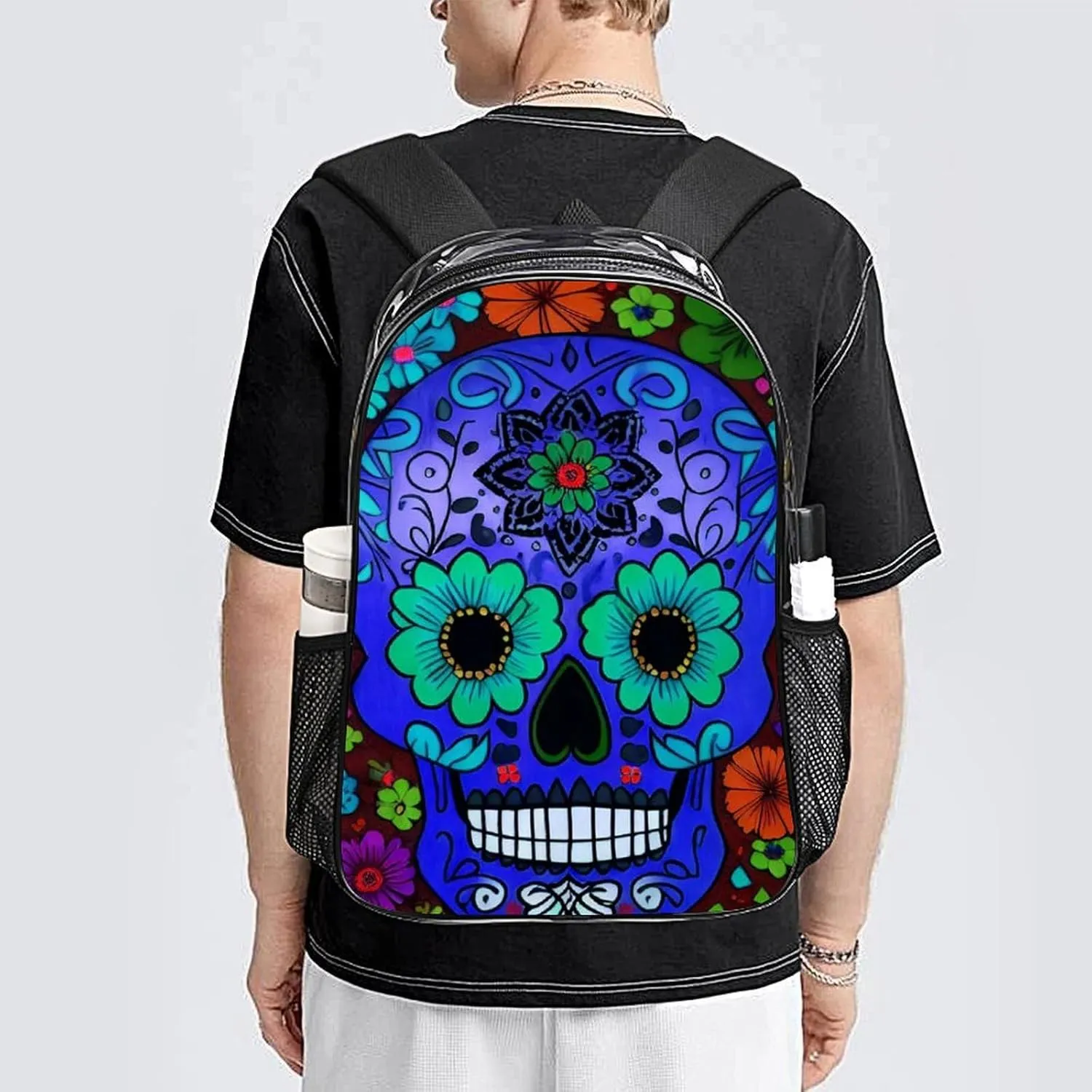 Daypack Bookbag Anti-Theft Multipurpose Large Capacity Bookbag - Grunge Mexican Sugar Skulls Day Of The Dead Flowers Art Travel Hiking & Camping Rucksack Transparent Bag