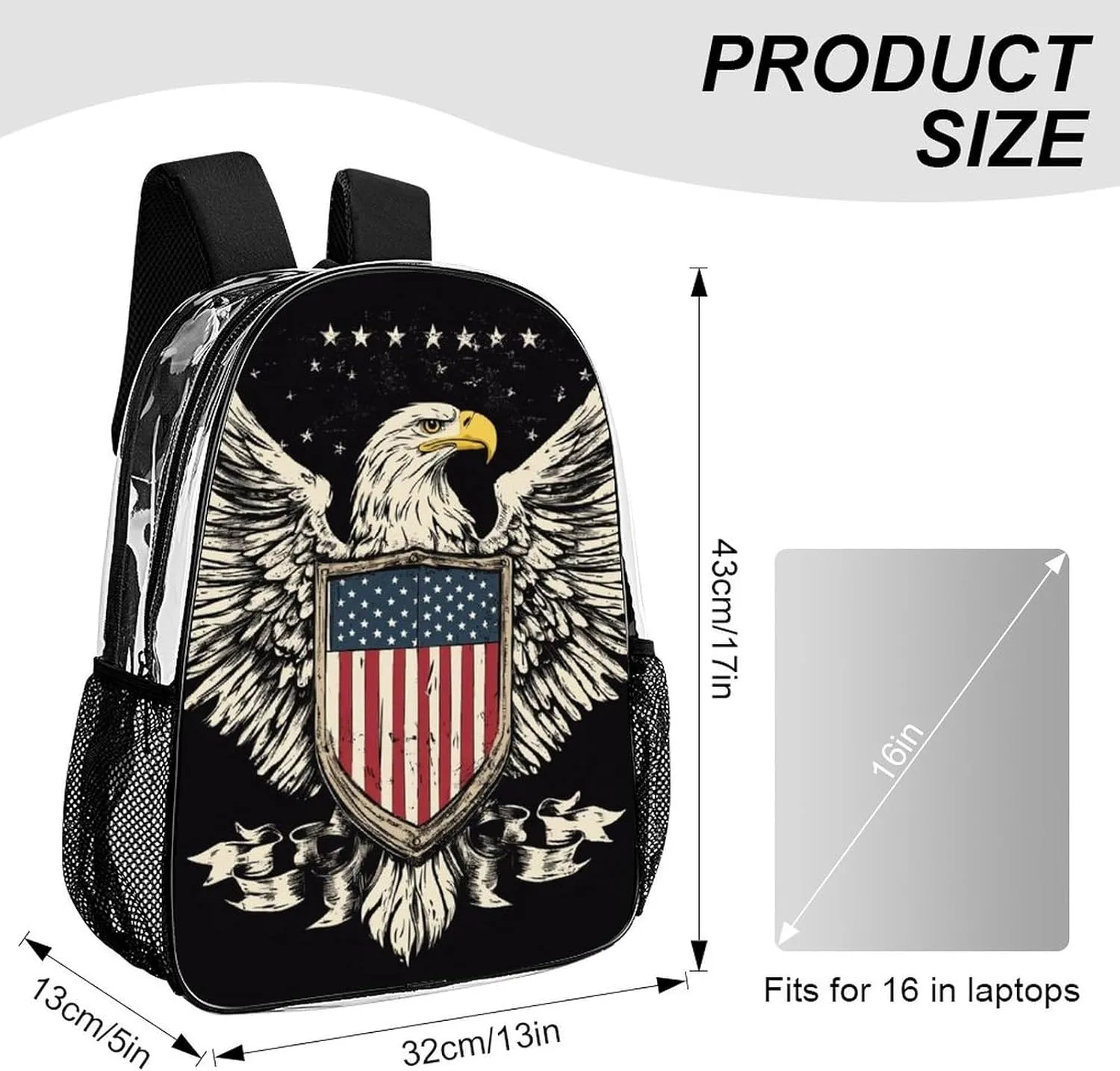 Daypack Bookbag Multipurpose Anti-Theft Big Capacity Carry On Bag - American Flag Usa Cool Bald Eagle Pattern Travel Hiking & Camping Rucksack Transparent Bag