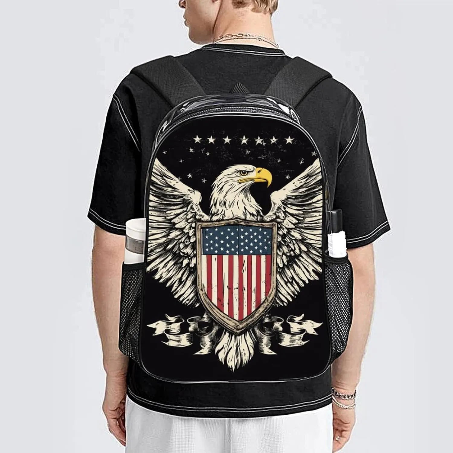 Daypack Bookbag Multipurpose Anti-Theft Big Capacity Carry On Bag - American Flag Usa Cool Bald Eagle Pattern Travel Hiking & Camping Rucksack Transparent Bag