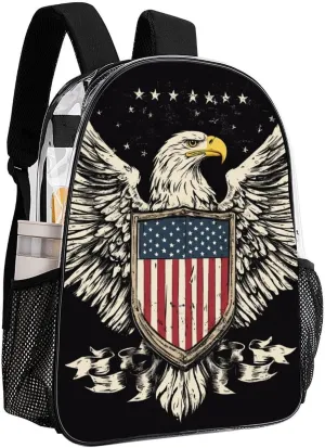 Daypack Bookbag Multipurpose Anti-Theft Big Capacity Carry On Bag - American Flag Usa Cool Bald Eagle Pattern Travel Hiking & Camping Rucksack Transparent Bag