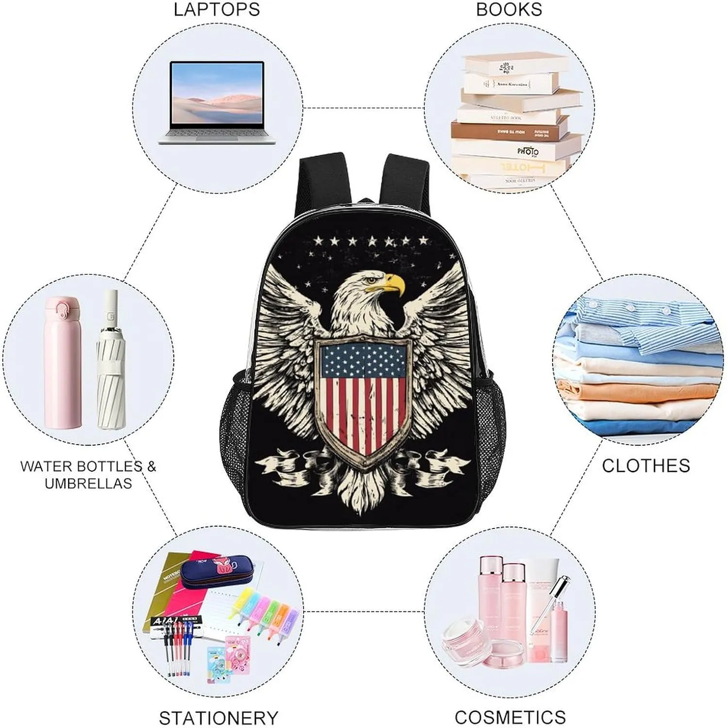 Daypack Bookbag Multipurpose Anti-Theft Big Capacity Carry On Bag - American Flag Usa Cool Bald Eagle Pattern Travel Hiking & Camping Rucksack Transparent Bag