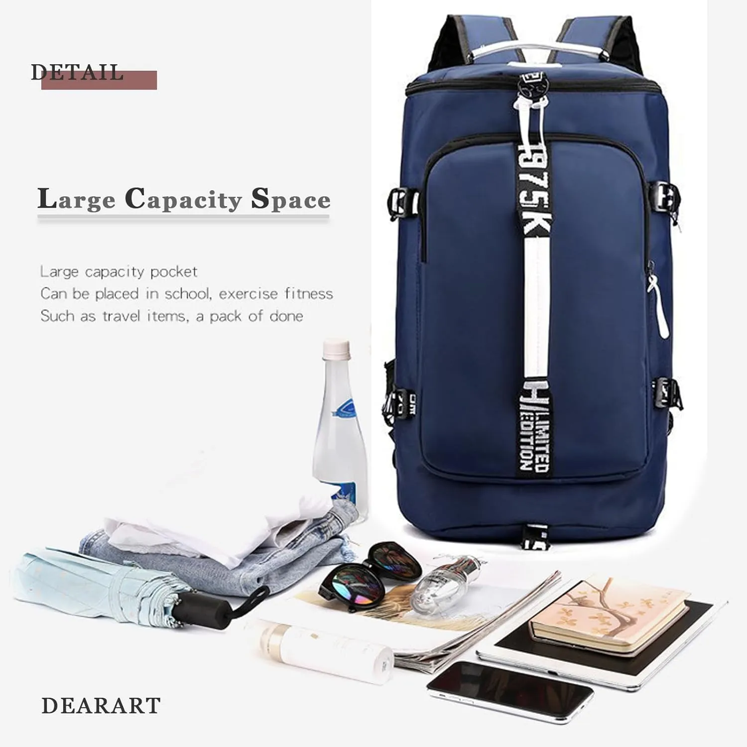 DEARART Blue Backpack Duffel Bags Waterproof with Shoes Compartment, Four Fashion Carried Ways for Travel Sport Gym, 45L