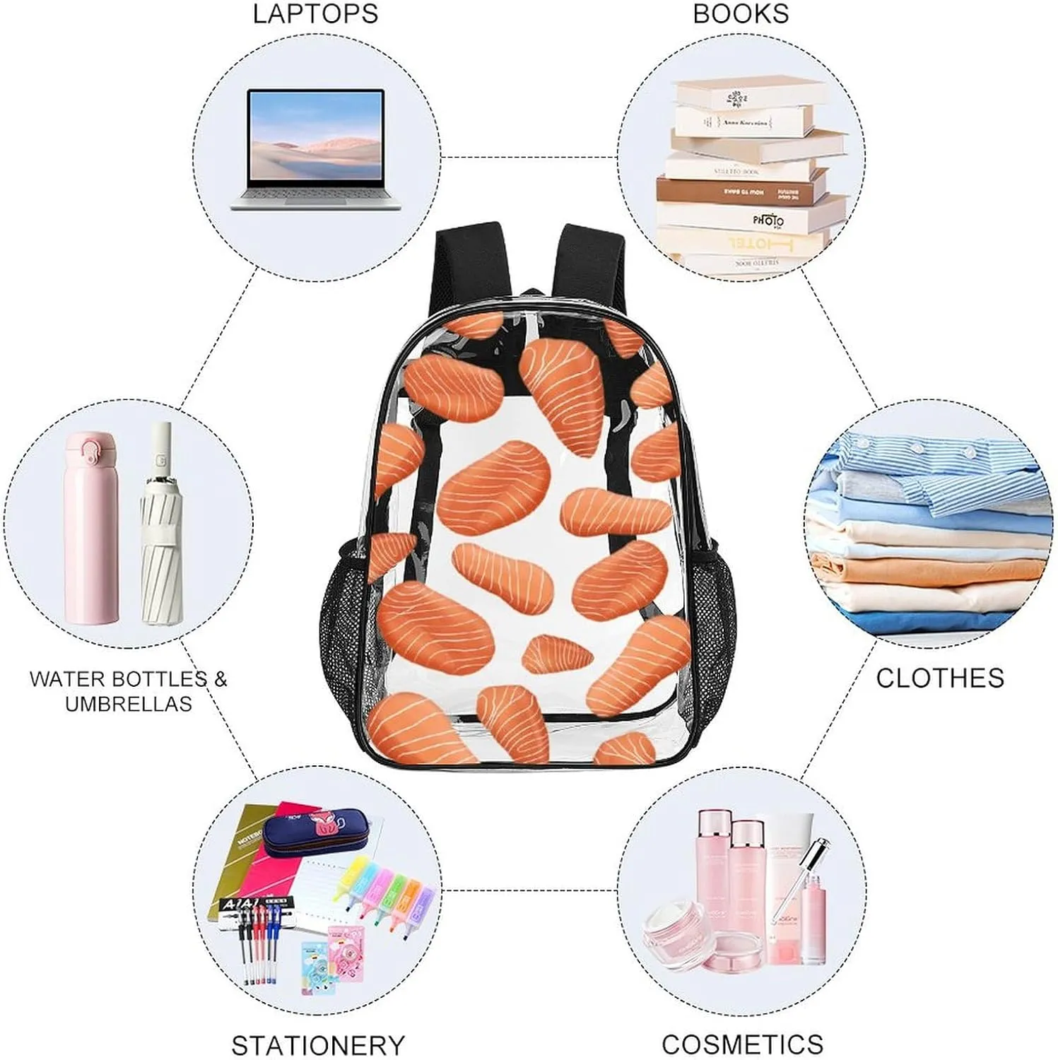 Delicious Sashimi Heavy Duty Clear Backpack for Women Men Large Capacity Transparent See Through Bag for Concert Stadium Events with Waterproof PVC