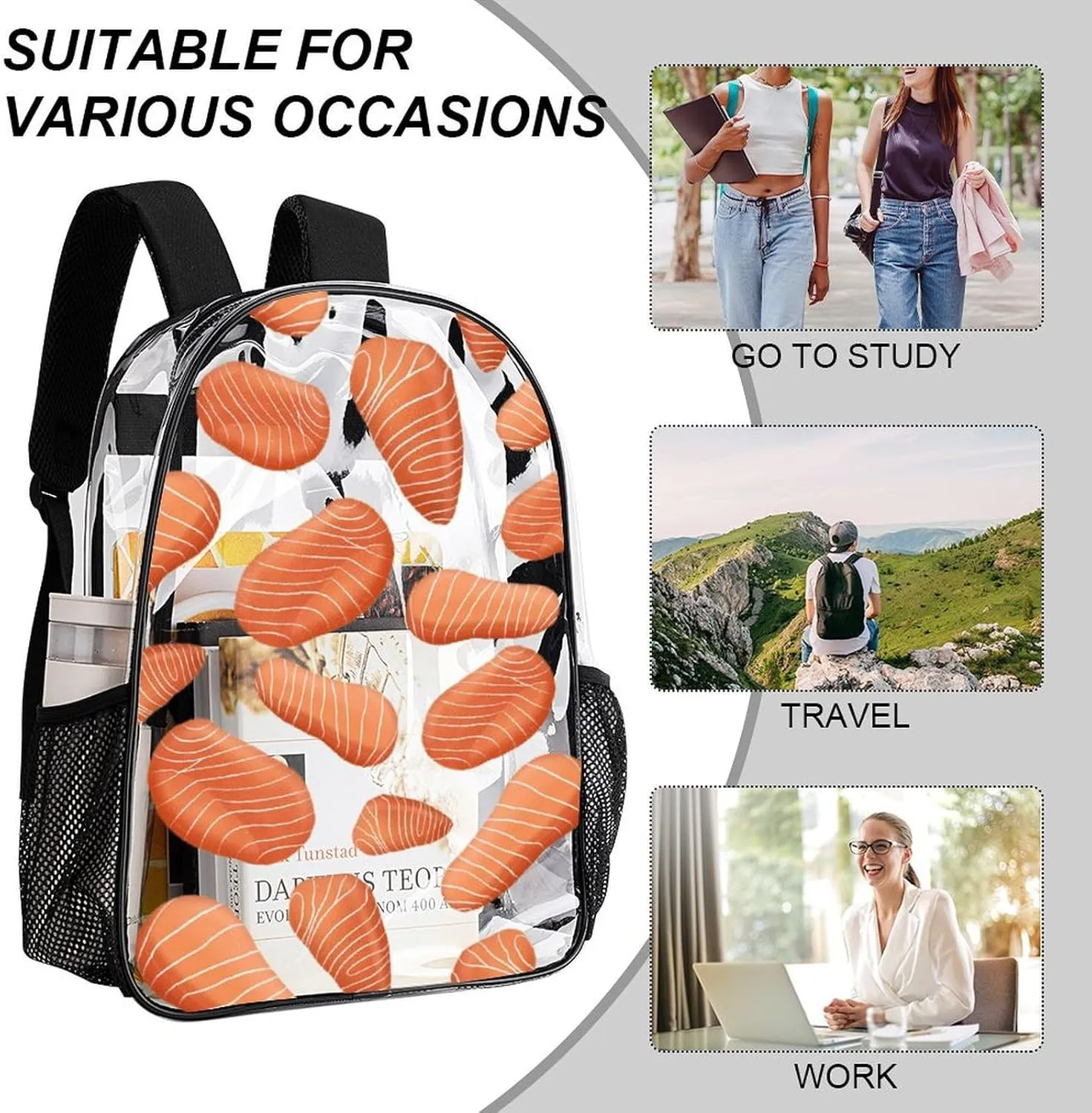 Delicious Sashimi Heavy Duty Clear Backpack for Women Men Large Capacity Transparent See Through Bag for Concert Stadium Events with Waterproof PVC
