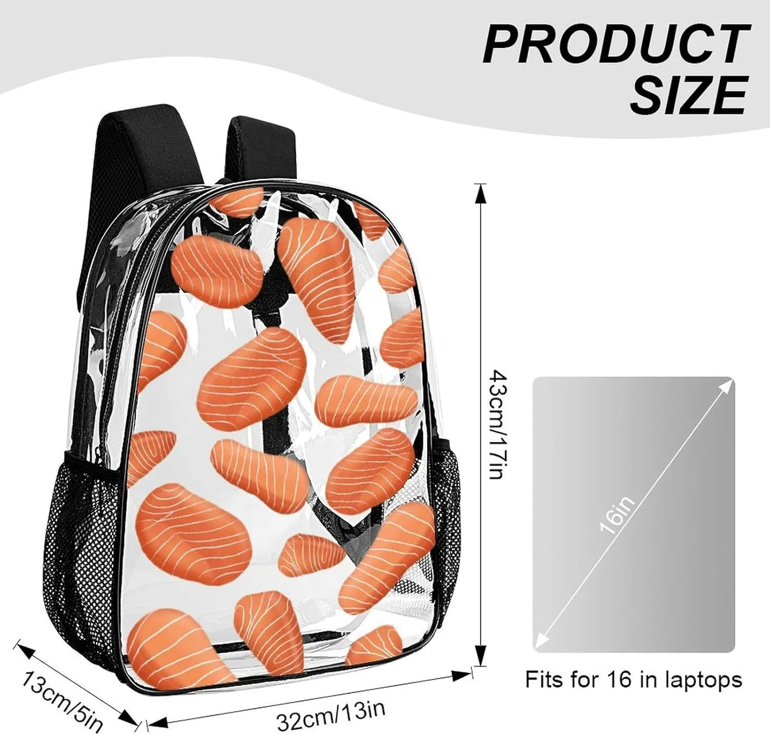Delicious Sashimi Heavy Duty Clear Backpack for Women Men Large Capacity Transparent See Through Bag for Concert Stadium Events with Waterproof PVC
