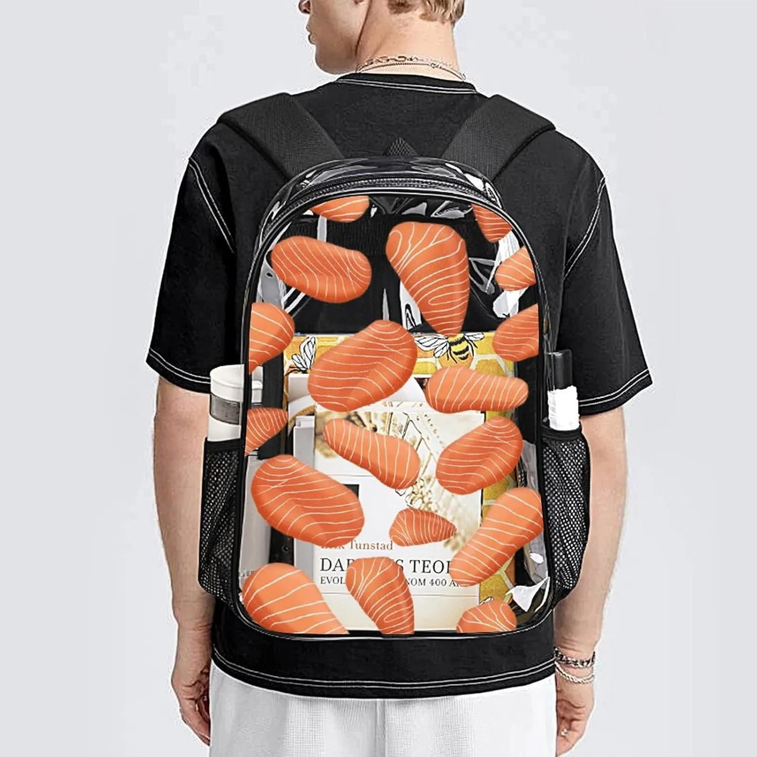 Delicious Sashimi Heavy Duty Clear Backpack for Women Men Large Capacity Transparent See Through Bag for Concert Stadium Events with Waterproof PVC