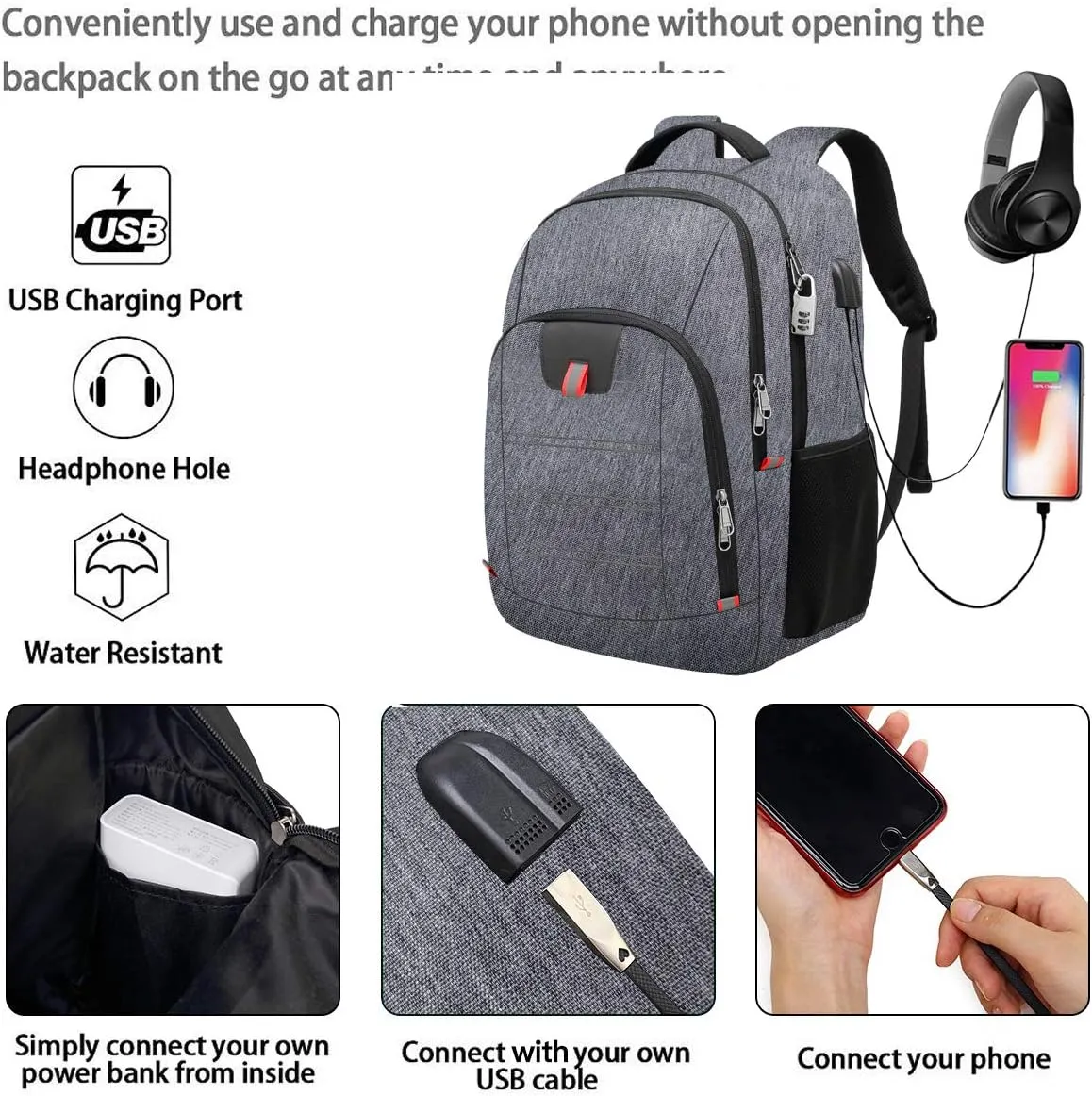 Della Gao Laptop Backpack for Men, Large Anti-Theft Business Travel Backpack with USB Charging Port, Water Resistant College School Computer Bag for Men/Women for 17 Inch Laptop and Notebook