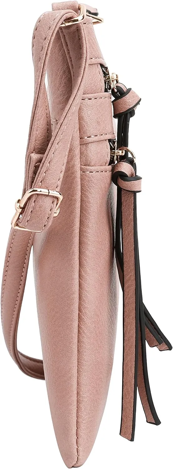 DELUXITY | Crossbody Purse Bag | Functional Multi Pocket Double Zipper Purse | Adjustable Strap | Medium Size Purse | Blush