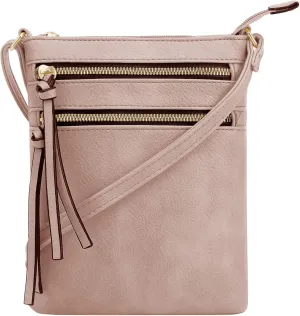 DELUXITY | Crossbody Purse Bag | Functional Multi Pocket Double Zipper Purse | Adjustable Strap | Medium Size Purse | Blush