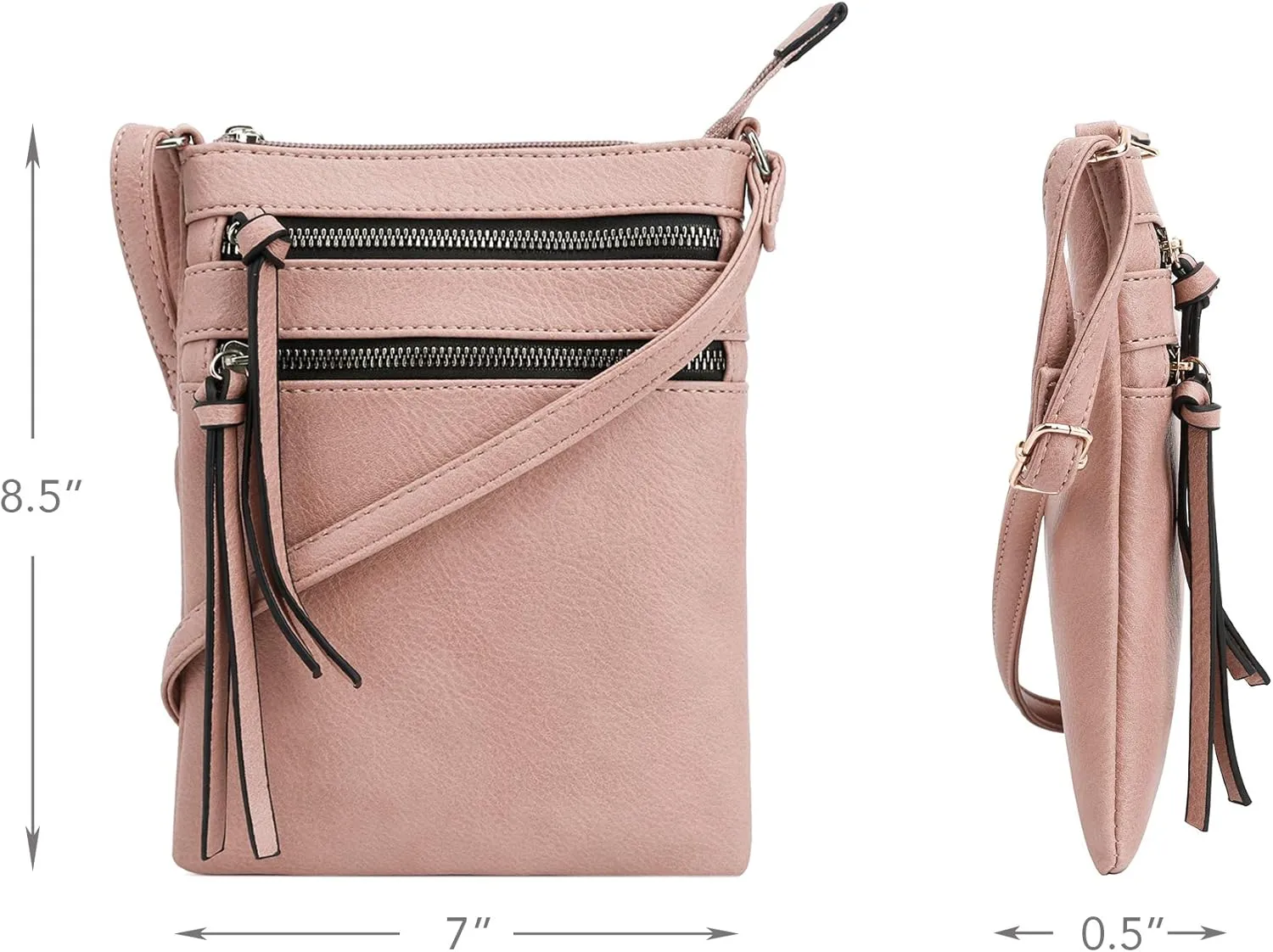 DELUXITY | Crossbody Purse Bag | Functional Multi Pocket Double Zipper Purse | Adjustable Strap | Medium Size Purse | Blush