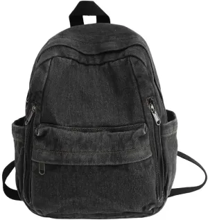 Denim Canvas Backpack for Travel and Daily Use Washed Fabric Fashion Shoulder Bag with Large Capacity and Minimalist Design (Black)