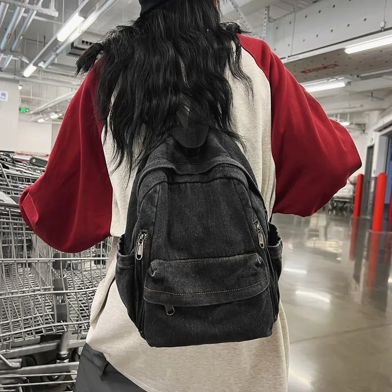 Denim Canvas Backpack for Travel and Daily Use Washed Fabric Fashion Shoulder Bag with Large Capacity and Minimalist Design (Black)