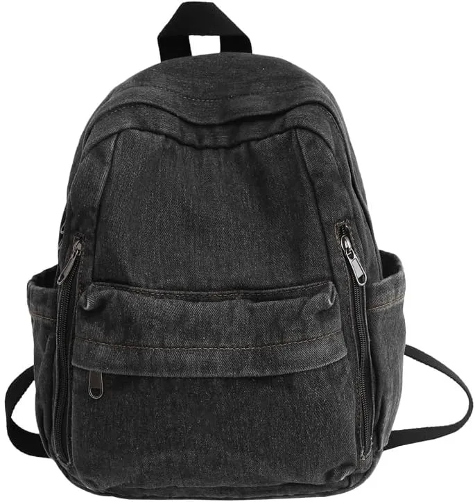 Denim Canvas Backpack for Travel and Daily Use Washed Fabric Fashion Shoulder Bag with Large Capacity and Minimalist Design (Black)