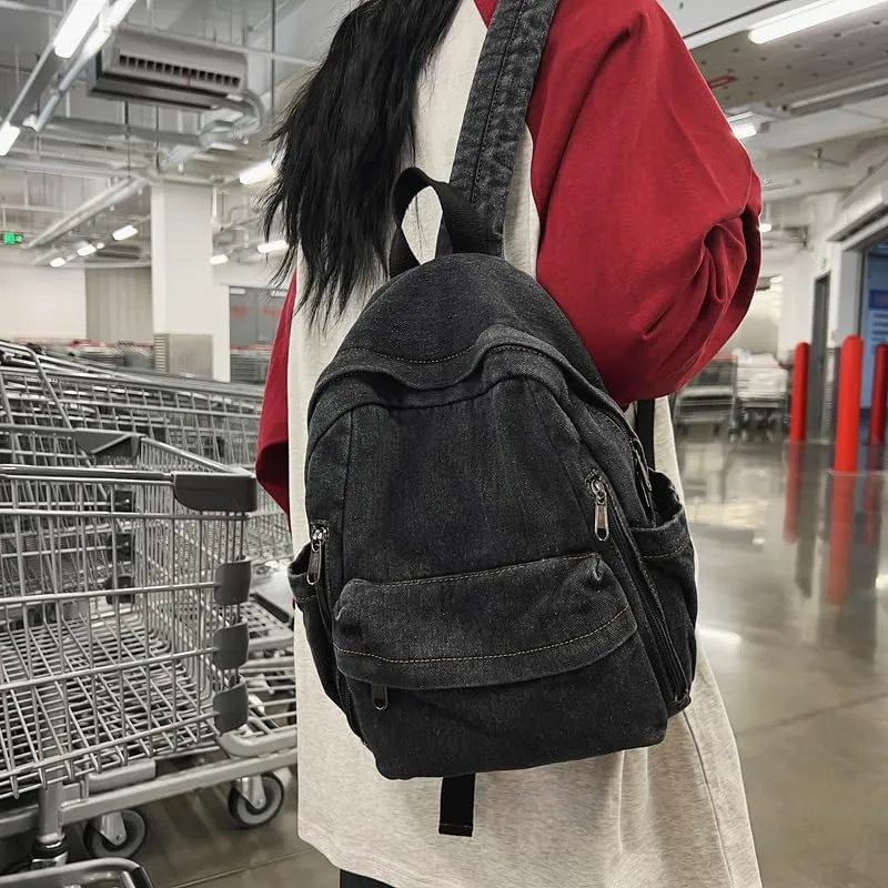 Denim Canvas Backpack for Travel and Daily Use Washed Fabric Fashion Shoulder Bag with Large Capacity and Minimalist Design (Black)