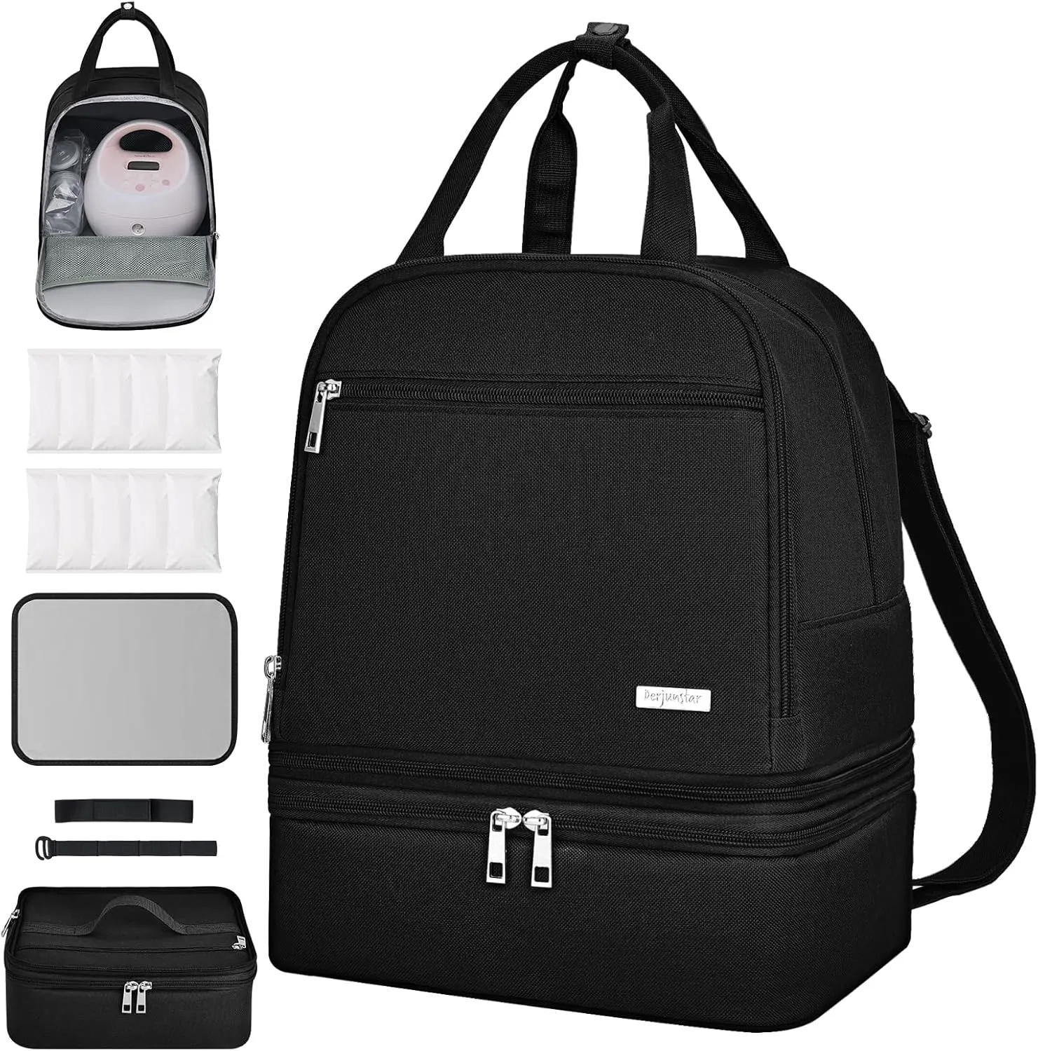 DERJUNSTAR Upgraded Breast Pump Backpack for Spectra S1/S2 – Waterproof, Spacious & Stylish Pump Bag for Working Moms | Fits Spectra Pumps, Bottles & Nursing Essentials, Black